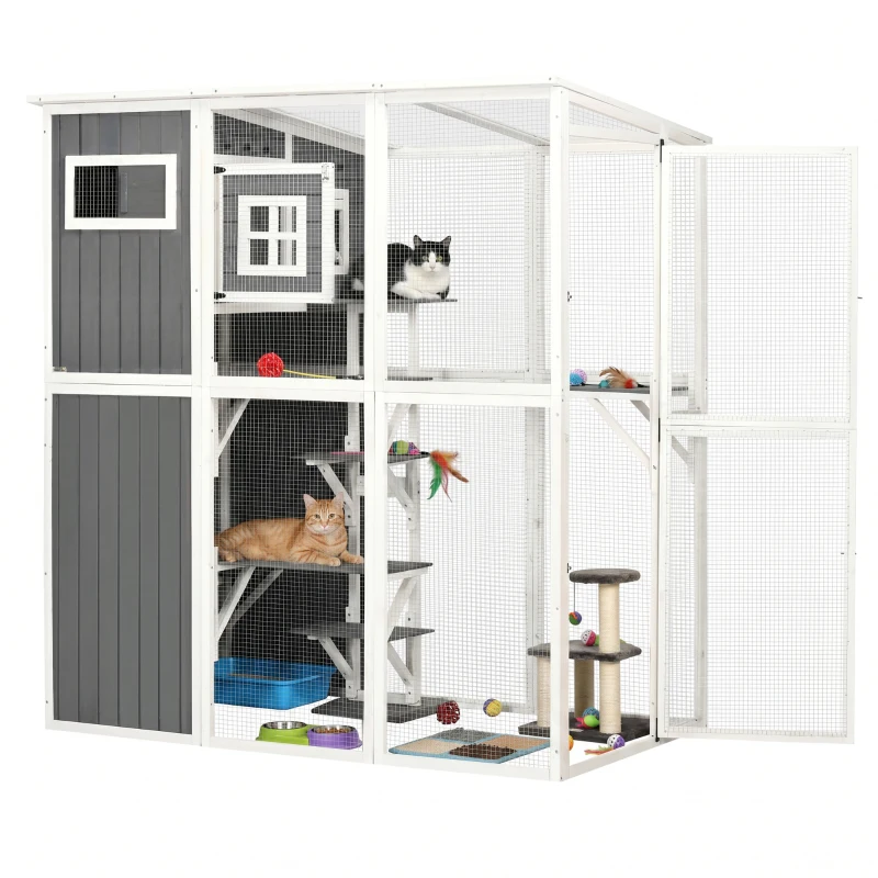 PawHut Wooden Cat Catio, 66.5"L Walk in Outdoor Cat House with PVC Weather Protection Roof, Multiple Platforms, Lockable Doors, Resting Condo, Observation Window, for 2 Cats