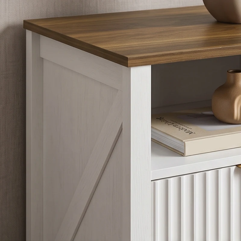 HOMCOM Modern Nightstand with 2 Fluted Drawers, Bedside Table with Open Storage Shelf, Anti-tipping Design, White and Walnut