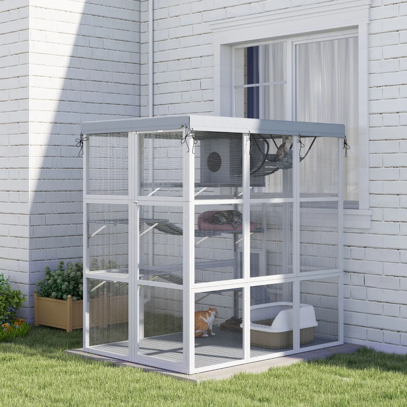 PawHut Large Outdoor Catio Cat Enclosure with Hammock, Condo, Jump Platforms, Ladders, Ramps, Tarp, for 2-4 Large Cats, Gray