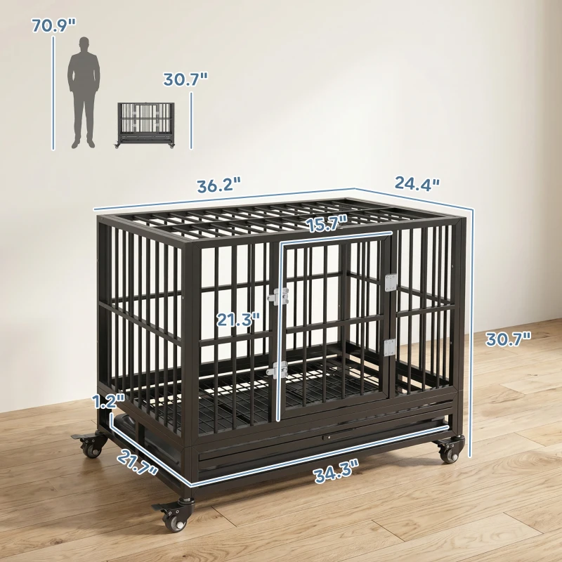 PawHut 36" Heavy Duty Dog Crate Metal Cage Kennel with Lockable Wheels, Double Door and Removable Tray, Gray