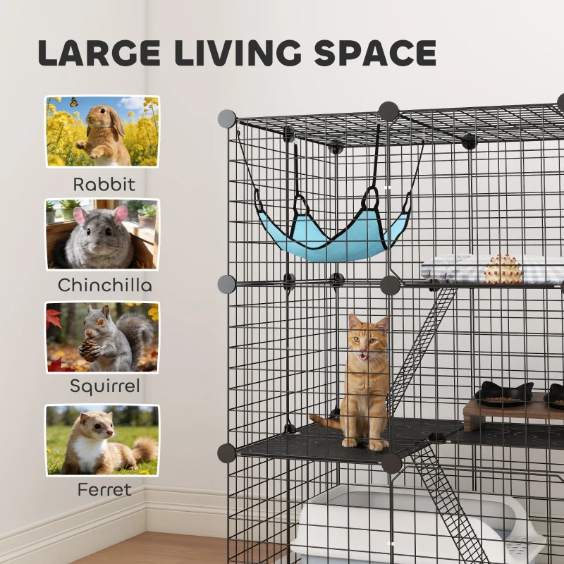 PawHut 3 Tier Cat Cage Crate, DIY Pet Playpen with 3 Doors, Ladders, Hammock, Platforms, Indoor Playpen for Kittens, Black