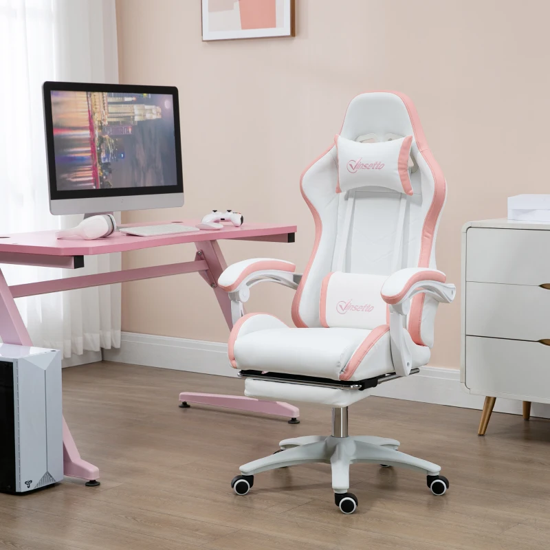 Vinsetto Computer Gaming Chair, PU Leather Office Desk Chair with Footrest, Swivel Wheels, 135° Reclining Back, White