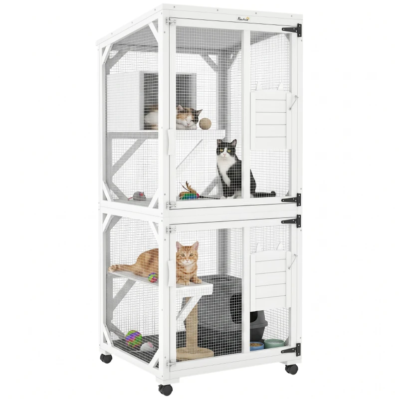 PawHut Catio Outdoor, Elevated Design, with Wheels, Resting Box, Water-Resistant, Multi Platforms, White