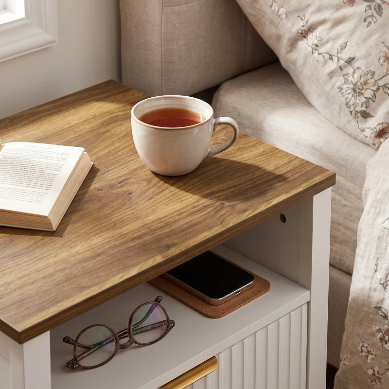 HOMCOM Modern Nightstand with 2 Fluted Drawers, Bedside Table with Open Storage Shelf, Anti-tipping Design, White and Walnut