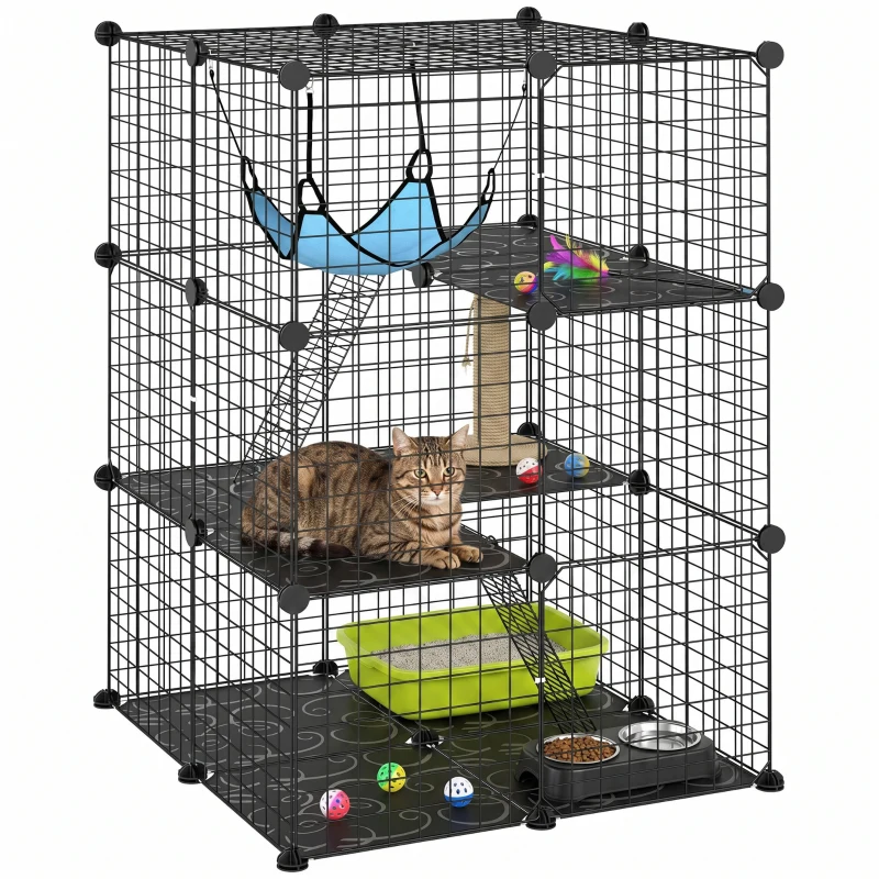 PawHut 3 Tier Cat Cage Crate, DIY Pet Playpen with 3 Doors, Ladders, Hammock, Platforms, Indoor Playpen for Kittens, Black