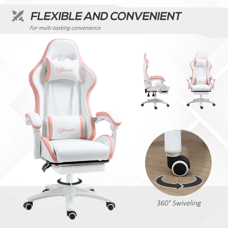 Vinsetto Computer Gaming Chair, PU Leather Office Desk Chair with Footrest, Swivel Wheels, 135° Reclining Back, White