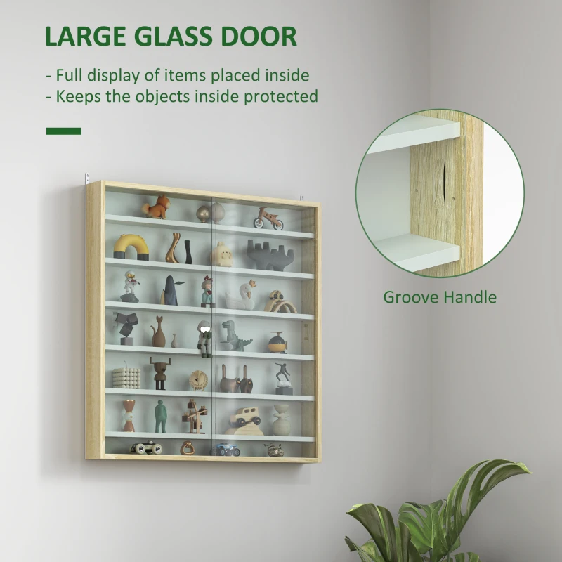 HOMCOM 7-Tier Display Cabinet, Shot Glass Display Case, Glass Curio Cabinet with 2 Glass Doors, Oak and White