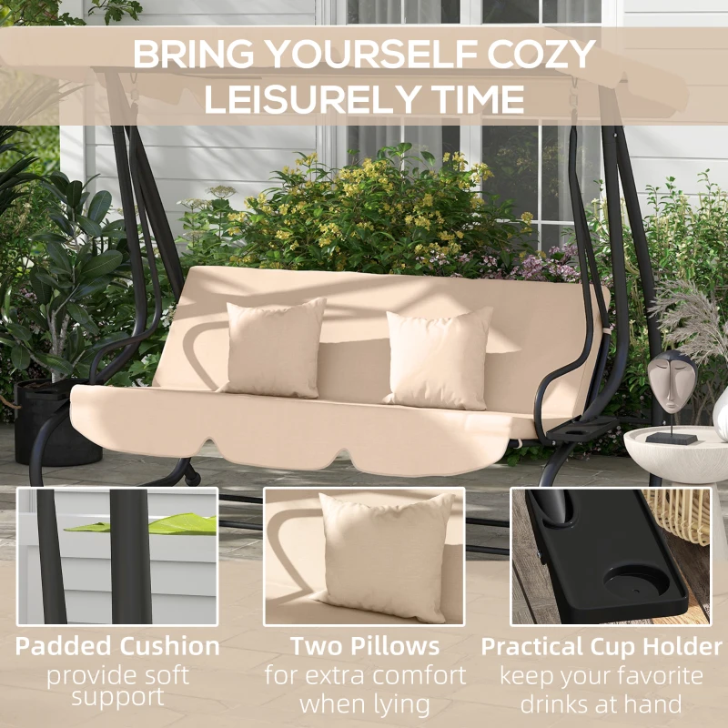 Outsunny 3-Seat Outdoor Patio Swing Chair, 2-in-1 Convertible Flat Bed, Canopy Swing with Adjustable Shade, Removable Cushions, Cup Holder, Light Brown
