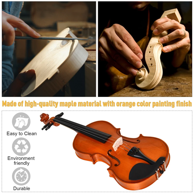 Soozier 4/4 Violin Maple Wood Full Set of Accessories Storage Box, Orange
