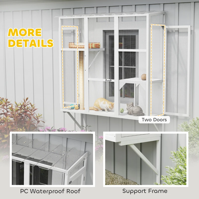 PawHut Wooden Catio Outdoor, Cat Window Box Enclosure for 2-3 Large Cats with 2 Jumping Platforms & Scratching Post, White