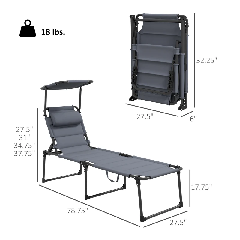 Outsunny 2 Pcs Outdoor Lounge Chair, 4 Position Adjustable Backrest, Folding, Cushioned w/ Sun Shade Roof & Pillow, Gray