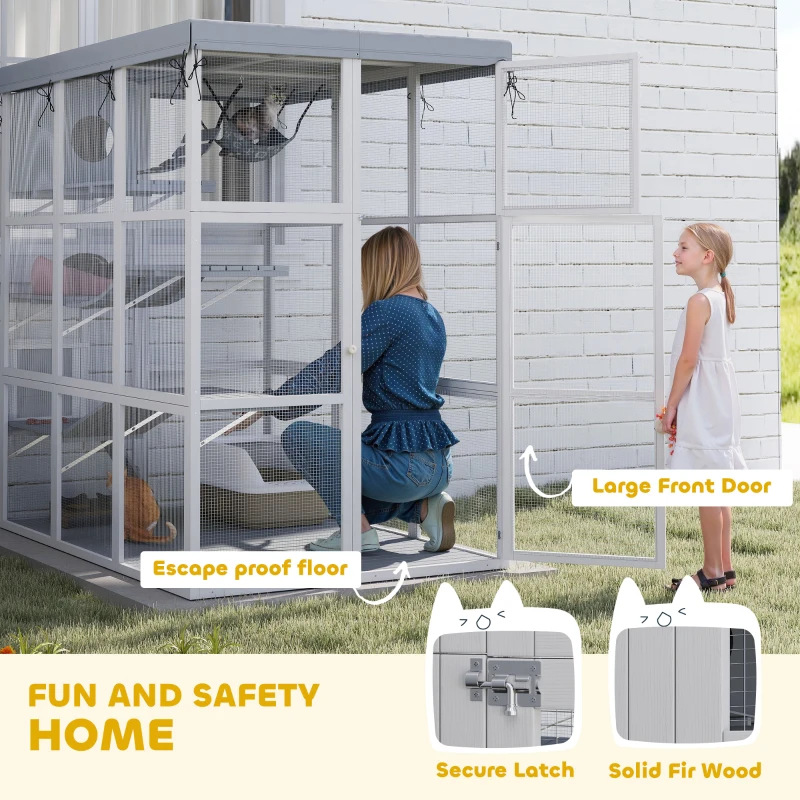 PawHut Large Outdoor Catio Cat Enclosure with Hammock, Condo, Jump Platforms, Ladders, Ramps, Tarp, for 2-4 Large Cats, Gray