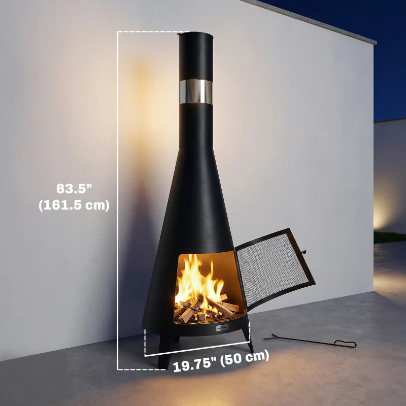Outsunny Wood Burning Firepit with Chimney, Outdoor Fire Pit with Poker, Mesh Screen, Black
