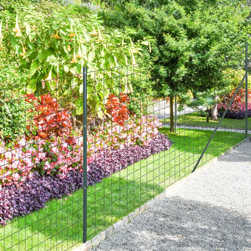 Outsunny Garden Fence Barrier, Welded Fence Roll, Includes Posts & Support Braces, Green Plastic-Coated Steel