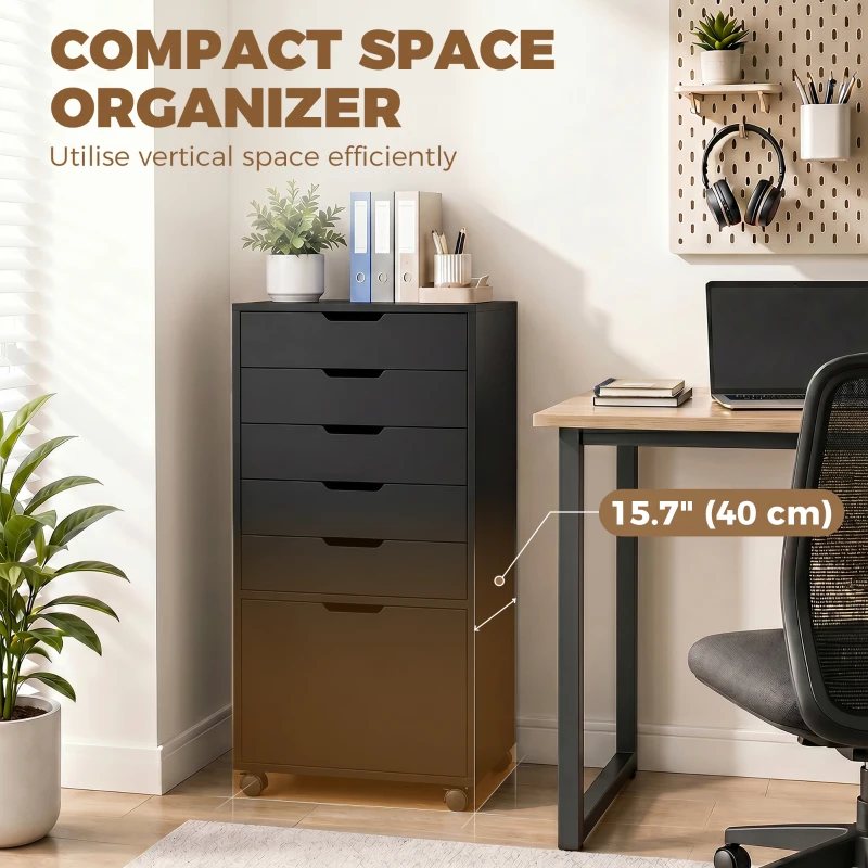 HOMCOM File Cabinet on Wheels Mobile Printer Stand with 6 Drawers for Home Office Black