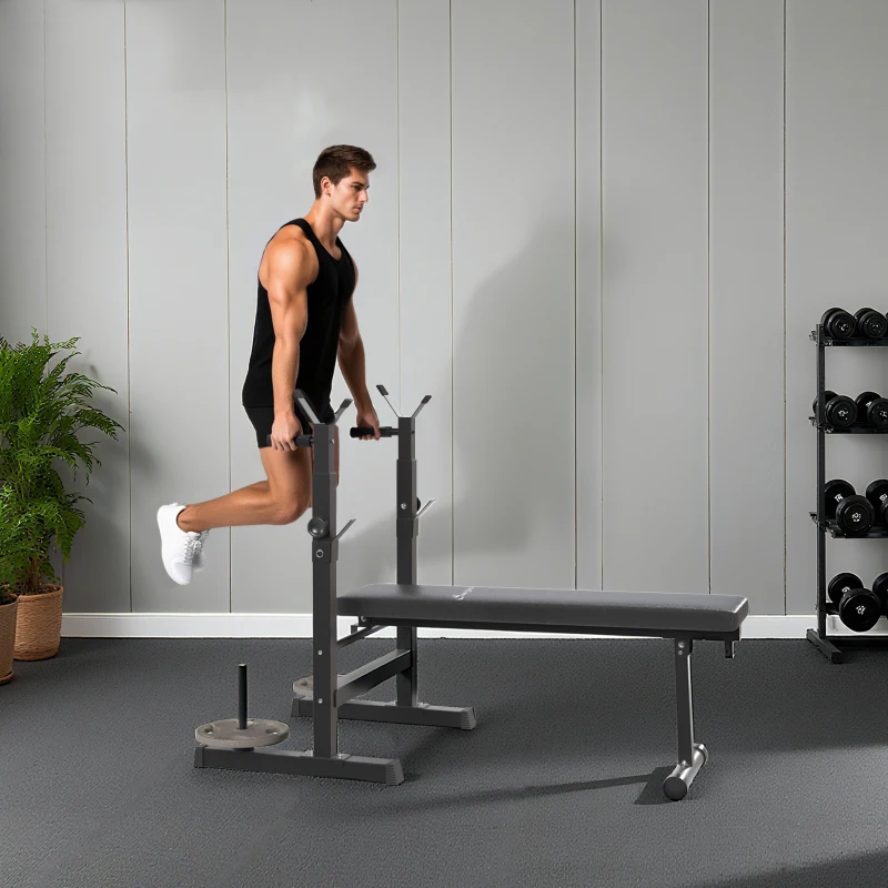 Soozier Adjustable Weight Bench, Foldable Bench Press with Barbell Rack and Dip Station for Home Gym, Strength Training Multiuse Workout Bench, Black and Grey