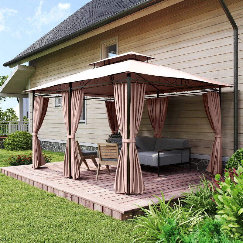 Outsunny 10' x 13' Patio Gazebo, Outdoor Gazebo Canopy Shelter with Curtains, Vented Roof, Steel Frame for Garden, Lawn, Backyard and Deck, Khaki(m-9)
