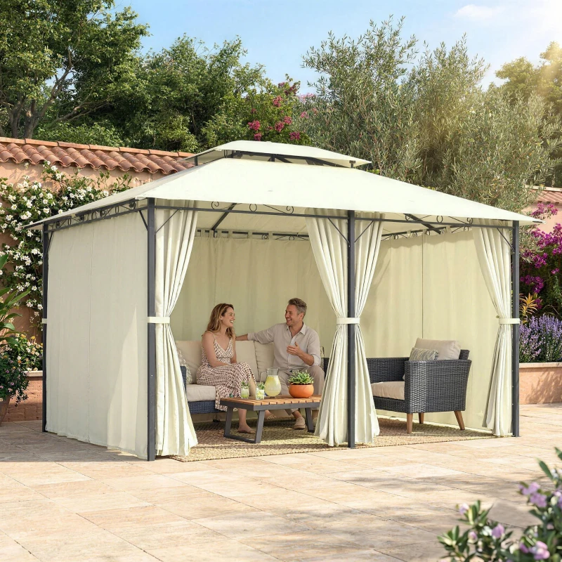 Outsunny 13' x 10' Soft-top Gazebo Patio Steel Canopy Portable Party Event with Double Canopy Roof, Curtains, Cream White