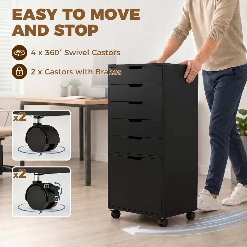 HOMCOM File Cabinet on Wheels Mobile Printer Stand with 6 Drawers for Home Office Black