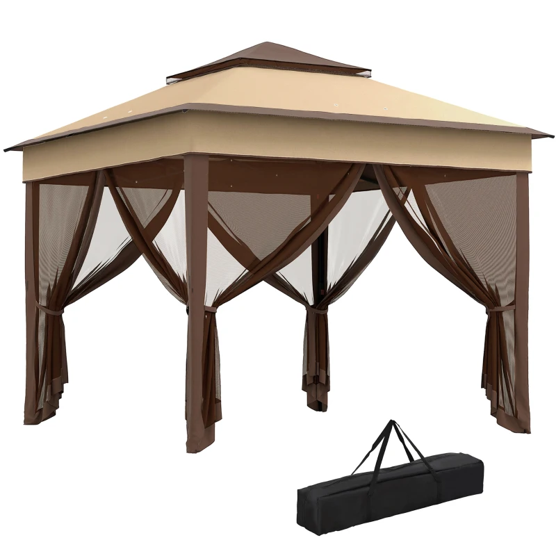 Outsunny 10.7 x 10.7ft Pop Up Gazebo, Adjustable Instant Sun Shelter with UV30+ Roof Cover, Removable Mesh Curtains, Beige