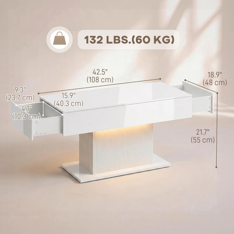 HOMCOM LED Coffee Table with Storage, High Gloss Modern Center Table with 2 Drawers and Remote Control for Living Room, White