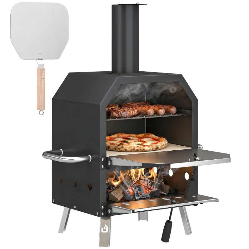 Outsunny Outdoor Pizza Oven with 12" Pizza Stone, Peel, Wood Fired 2-Layer Stainless Steel Pizza Maker