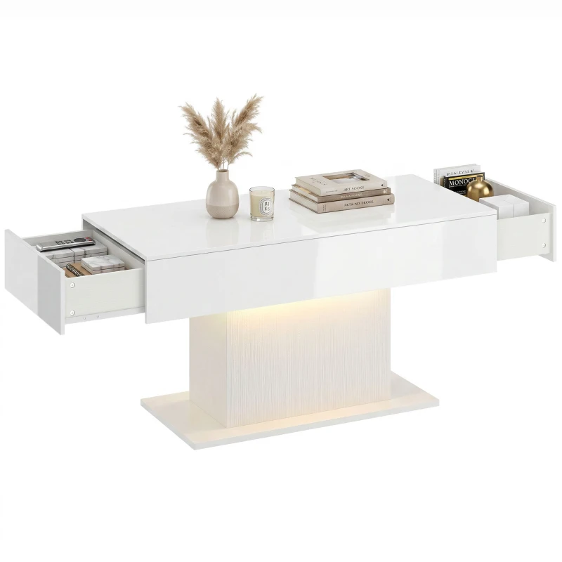 HOMCOM LED Coffee Table with Storage, High Gloss Modern Center Table with 2 Drawers and Remote Control for Living Room, White