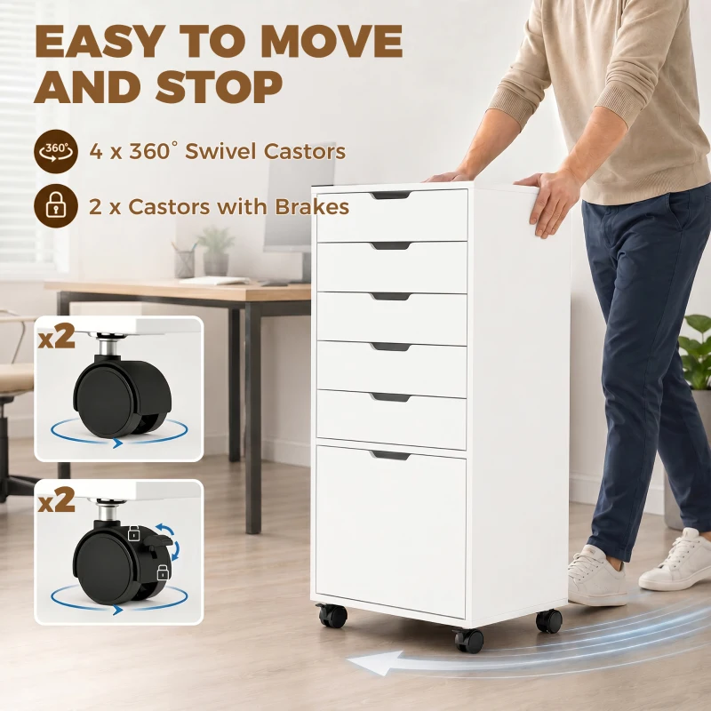 HOMCOM File Cabinet on Wheels Mobile Printer Stand with 6 Drawers for Home Office White