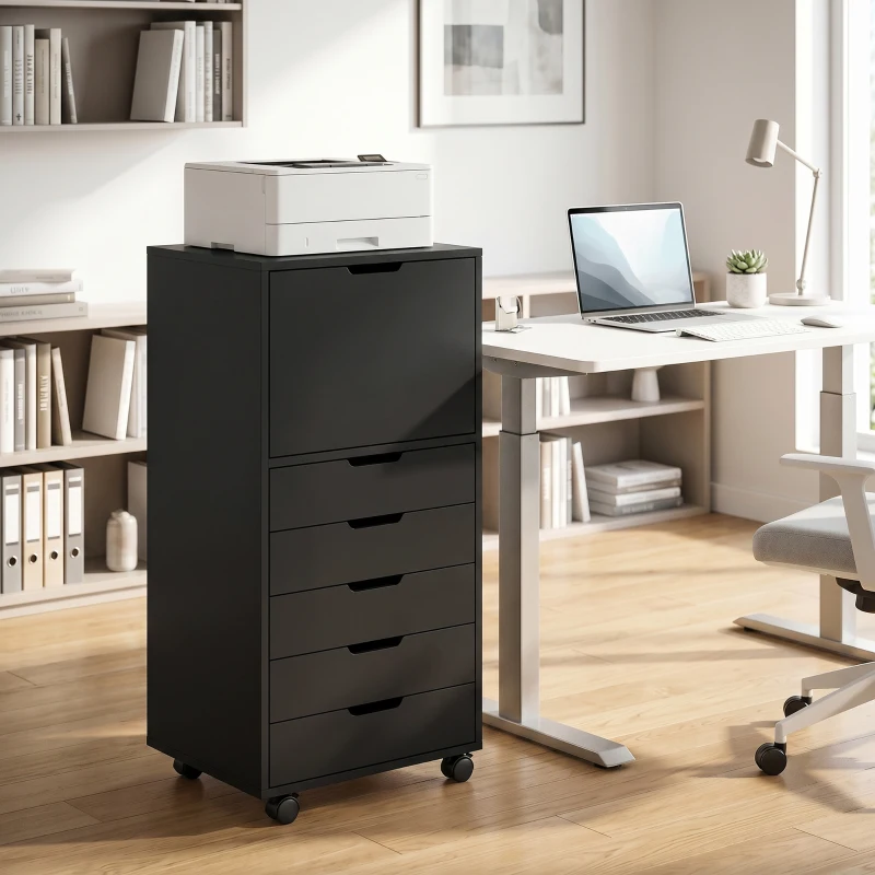 HOMCOM File Cabinet on Wheels Mobile Printer Stand with 5 Drawers for Home Office Black
