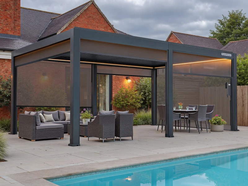Flexpatio Motorized Roller Shades for Pergola - Gray Tough Mesh Weave, 20' Side Motorized Privacy Shade with Aluminum Track, 8% Openness Factor