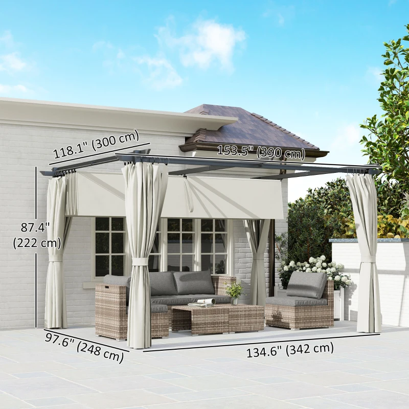 Outsunny 10' x 13' Pergola with Retractable Canopy and Curtains, UPF30+ Sun Shade Shelter for Grill, Garden, Backyard, Deck