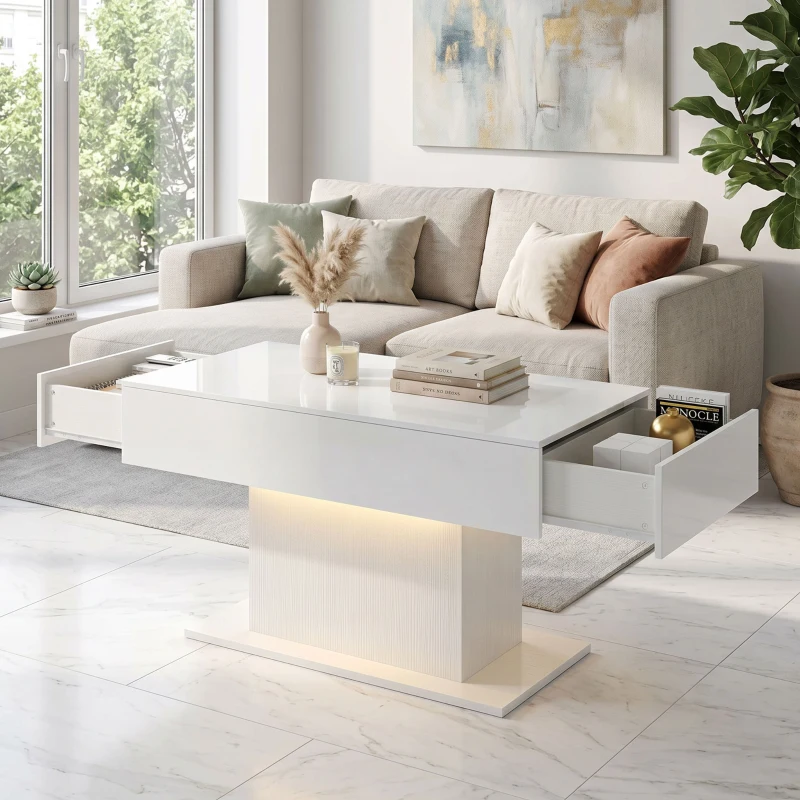 HOMCOM LED Coffee Table with Storage, High Gloss Modern Center Table with 2 Drawers and Remote Control for Living Room, White