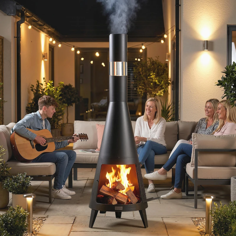 Outsunny Wood Burning Firepit with Chimney, Outdoor Fire Pit with Poker, Mesh Screen, Black
