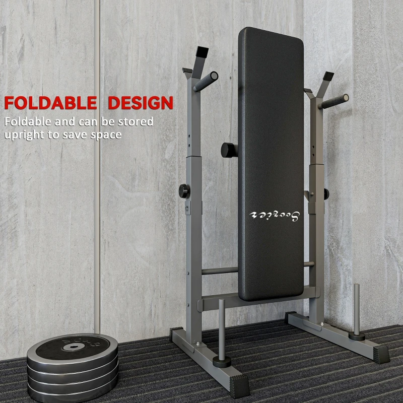 Soozier Adjustable Weight Bench, Foldable Bench Press with Barbell Rack and Dip Station for Home Gym, Strength Training Multiuse Workout Bench, Black and Grey