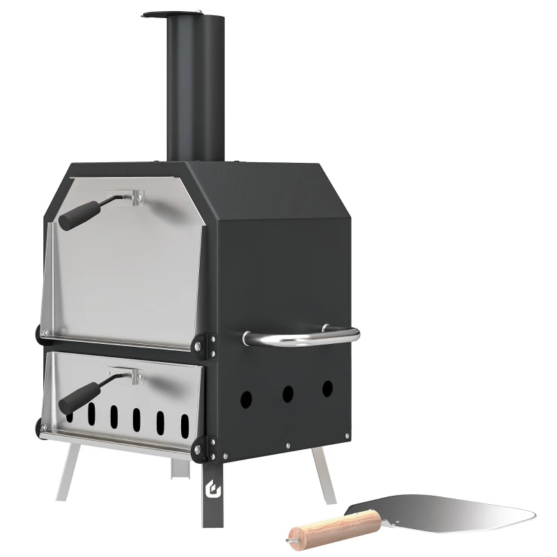 Outsunny Outdoor Pizza Oven with 12" Pizza Stone, Peel, Wood Fired 2-Layer Stainless Steel Pizza Maker