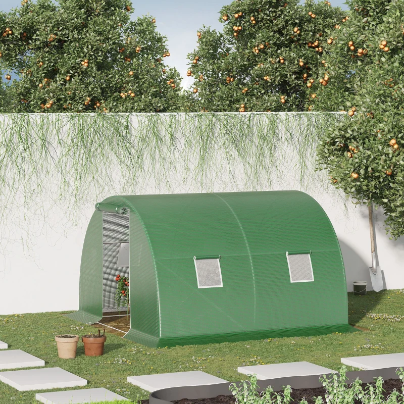 Outsunny Walk-In Tunnel Greenhouse, Plant Hot House with 4 Windows and Zipper Door, 10' x 10' x 7' , Green