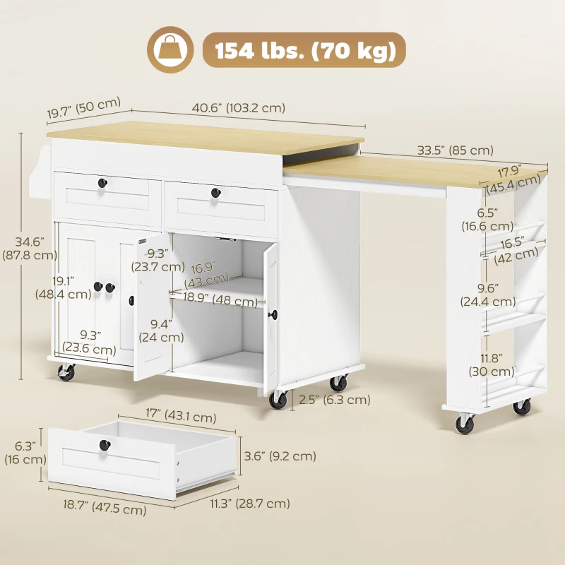 HOMCOM Kitchen Island with Sliding Expandable Top, Rolling Kitchen Cart with Drawers, Cabinets & Spice Rack, White