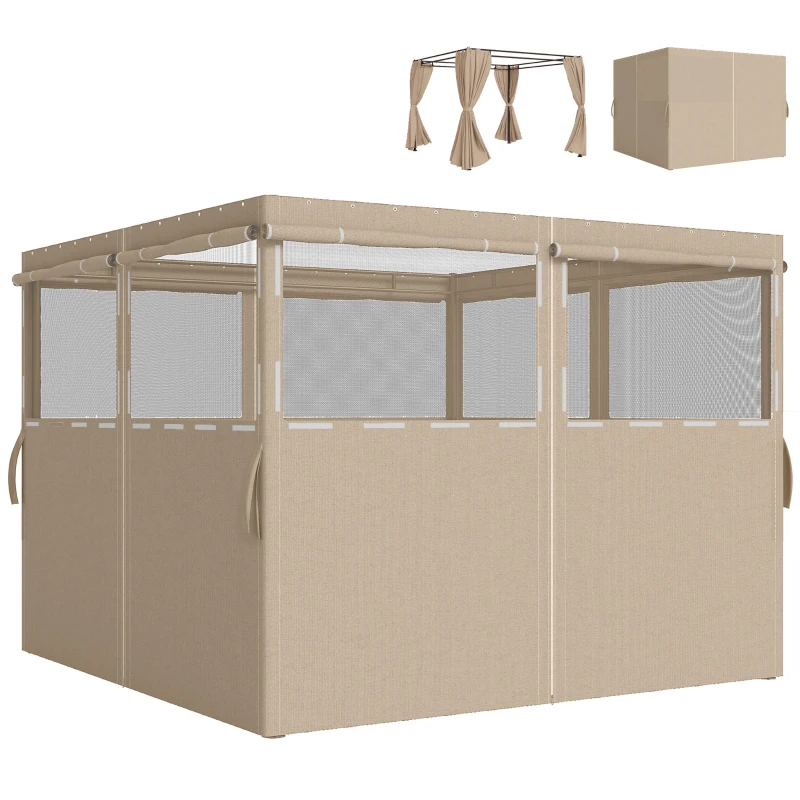 Outsunny Gazebo Curtains, 10' x 10' Universal Replacement Privacy Curtain, 4-Panels Sidewall with Roll up Mesh Windows, Khaki