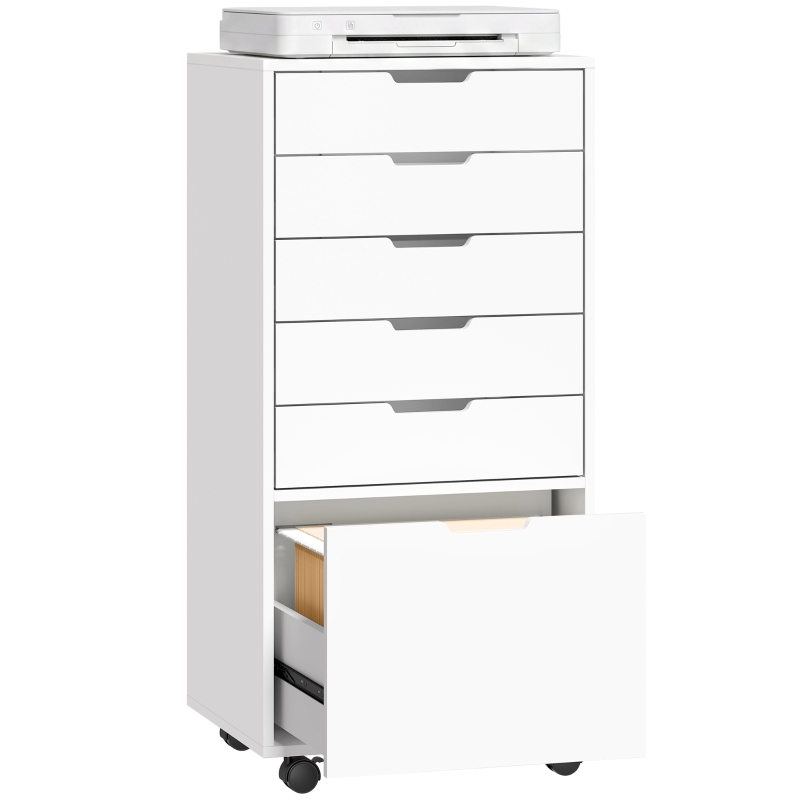 HOMCOM File Cabinet on Wheels Mobile Printer Stand with 6 Drawers for Home Office White