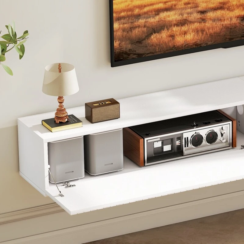 HOMCOM 71" Floating TV Stand for TVs up to 72 Inch, Wall Mount Media Console with 2 Fluted Flip-Down Doors, Cable Hole, White