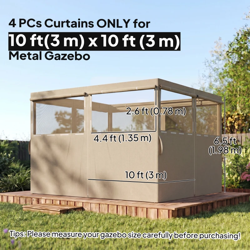 Outsunny Gazebo Curtains, 10' x 10' Universal Replacement Privacy Curtain, 4-Panels Sidewall with Roll up Mesh Windows, Khaki
