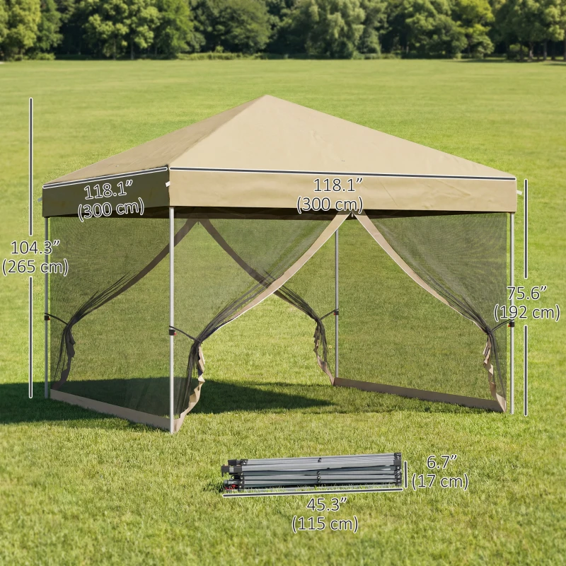 Outsunny 10' x 10' Pop-Up Party Tent UPF50+ Outdoor Canopy Tent with Mesh Sidewalls, 3-Level Adjustable Height, Roller Bag, Khaki