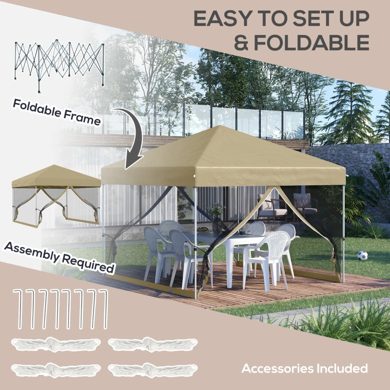 Outsunny 10' x 10' Pop-Up Party Tent UPF50+ Outdoor Canopy Tent with Mesh Sidewalls, 3-Level Adjustable Height, Roller Bag, Khaki