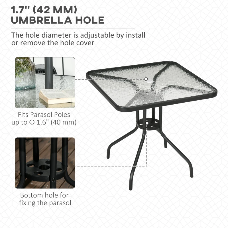 Outsunny Square Patio Dining Table with Umbrella Hole Tempered Glass Top Outdoor Dining Table for Garden Balcony Black