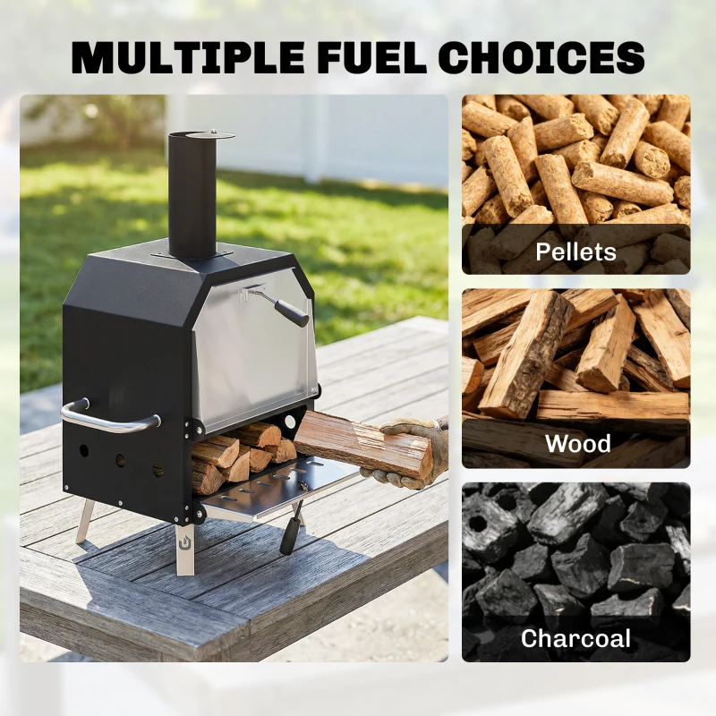 Outsunny Outdoor Pizza Oven with 12" Pizza Stone, Peel, Wood Fired 2-Layer Stainless Steel Pizza Maker