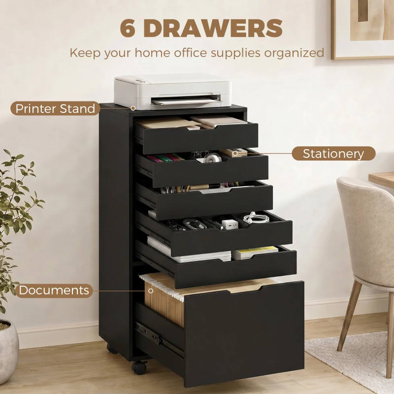 HOMCOM File Cabinet on Wheels Mobile Printer Stand with 6 Drawers for Home Office Black
