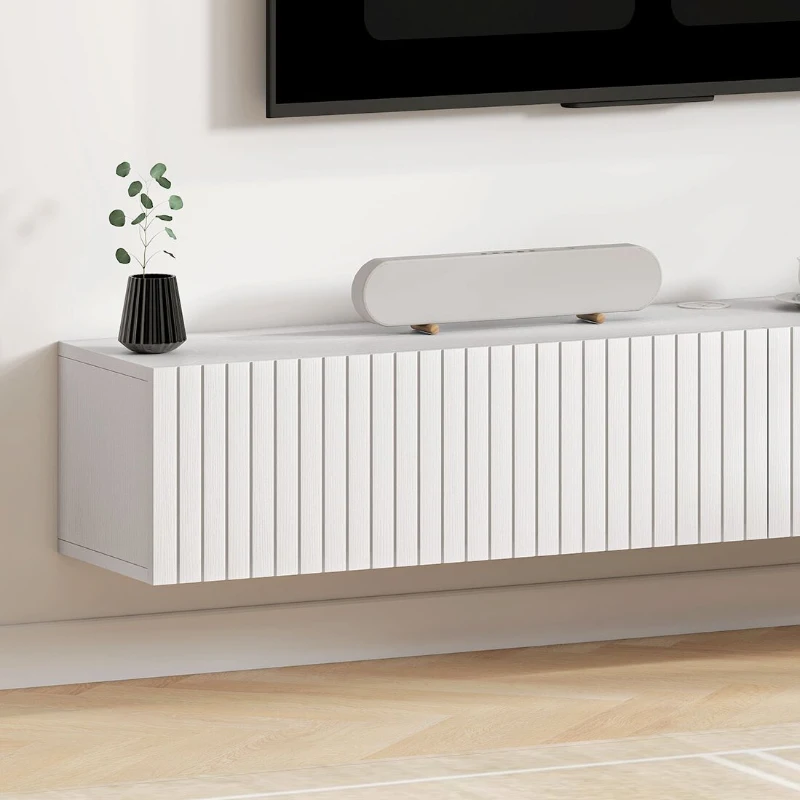HOMCOM 55" Floating TV Stand for TVs up to 72 Inch, Wall Mount Media Console with 2 Fluted Flip-Down Doors, Cable Hole, White