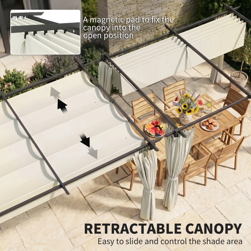Outsunny 10' x 13' Pergola with Retractable Canopy and Curtains, UPF30+ Sun Shade Shelter for Grill, Garden, Backyard, Deck