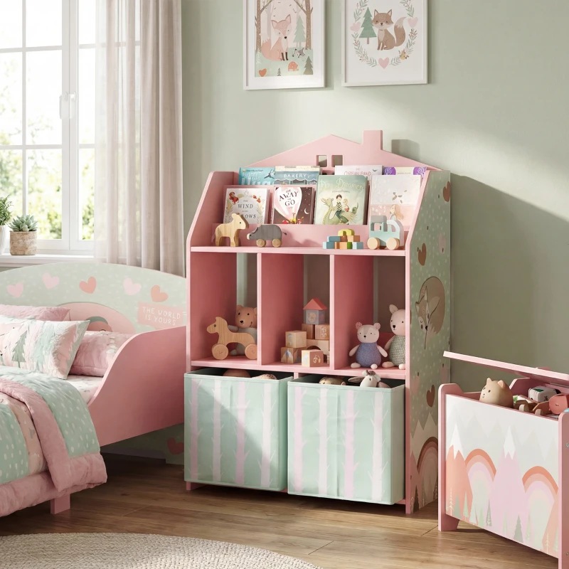 Qaba Kids Bookshelf with Storage, Toy Storage Unit with Book Display, Shelves and Fabric Drawers for Playroom Nursery, Pink