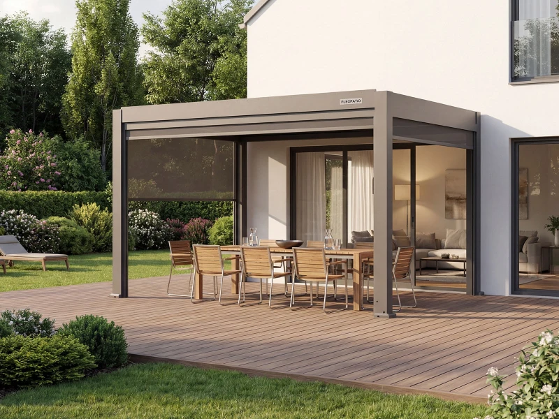 Flexpatio Motorized Roller Shades - Tough Mesh Weave, 8% Openness Factor, Gray, 10' Side, Aluminum Track